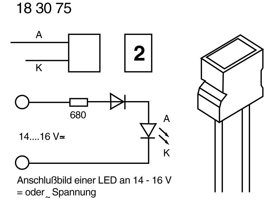 Kredsløbsdiagram til tilslutning af en LED med modstand til 14-16 V vekselspænding. Viser kredsløbssymboler og diodens polaritet.