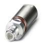 En sølvfarvet metalcylinder med en ringformet tætning og et stik på den ene side, muligvis en stik eller adapter.