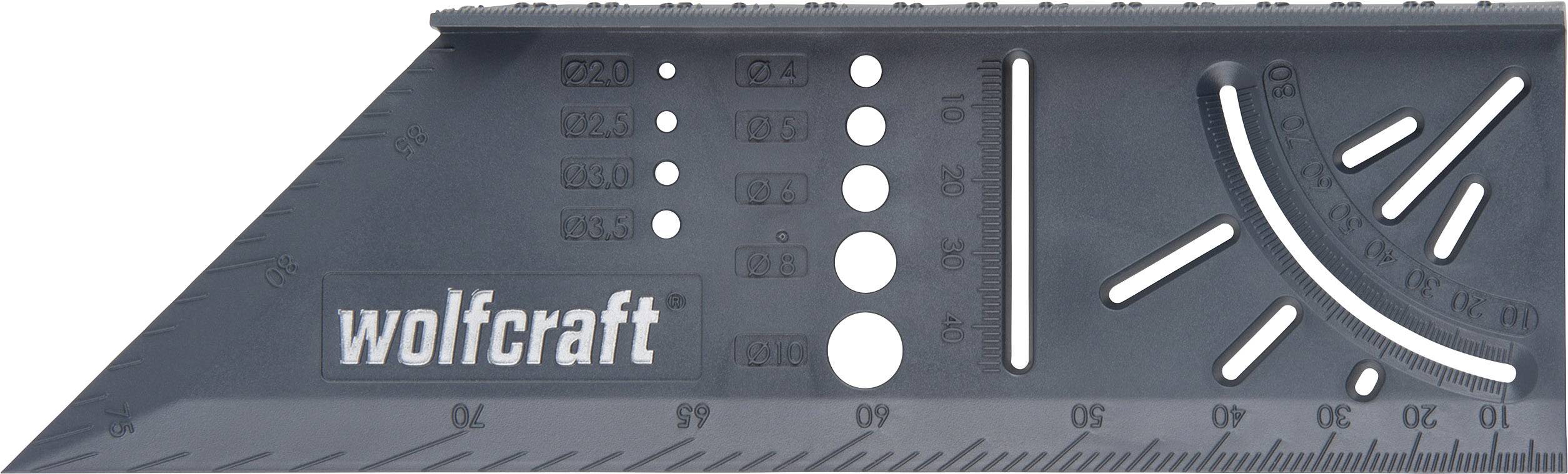 Vinkelmåler med skala og vinkelgradueringer, grå farve, mærke 'wolfcraft'.