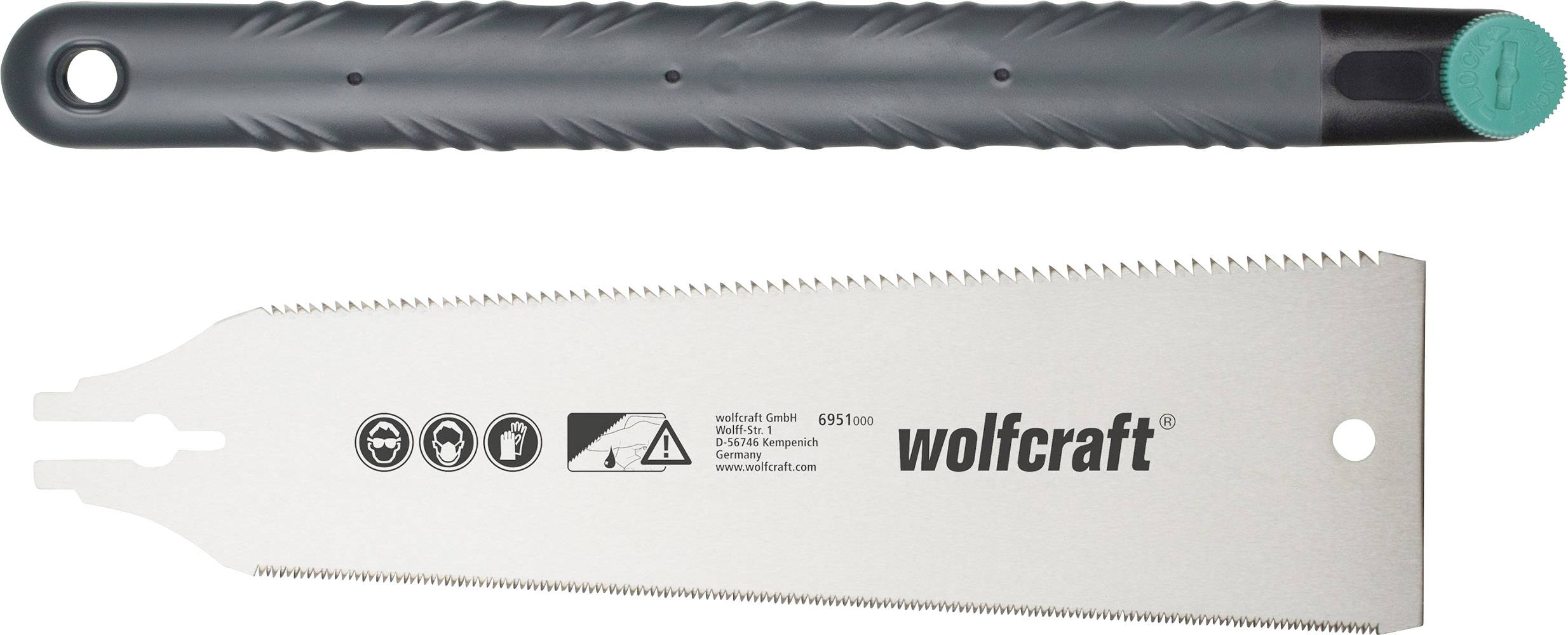 Et håndtag og et udskifteligt savblad til en sav. Begge er mærket med 'wolfcraft', en kendtværktøjsproducent.