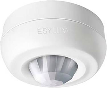 En rund, hvid bevægelsessensor, monteret i loftet, med påskriften 'ESYLUX'.
