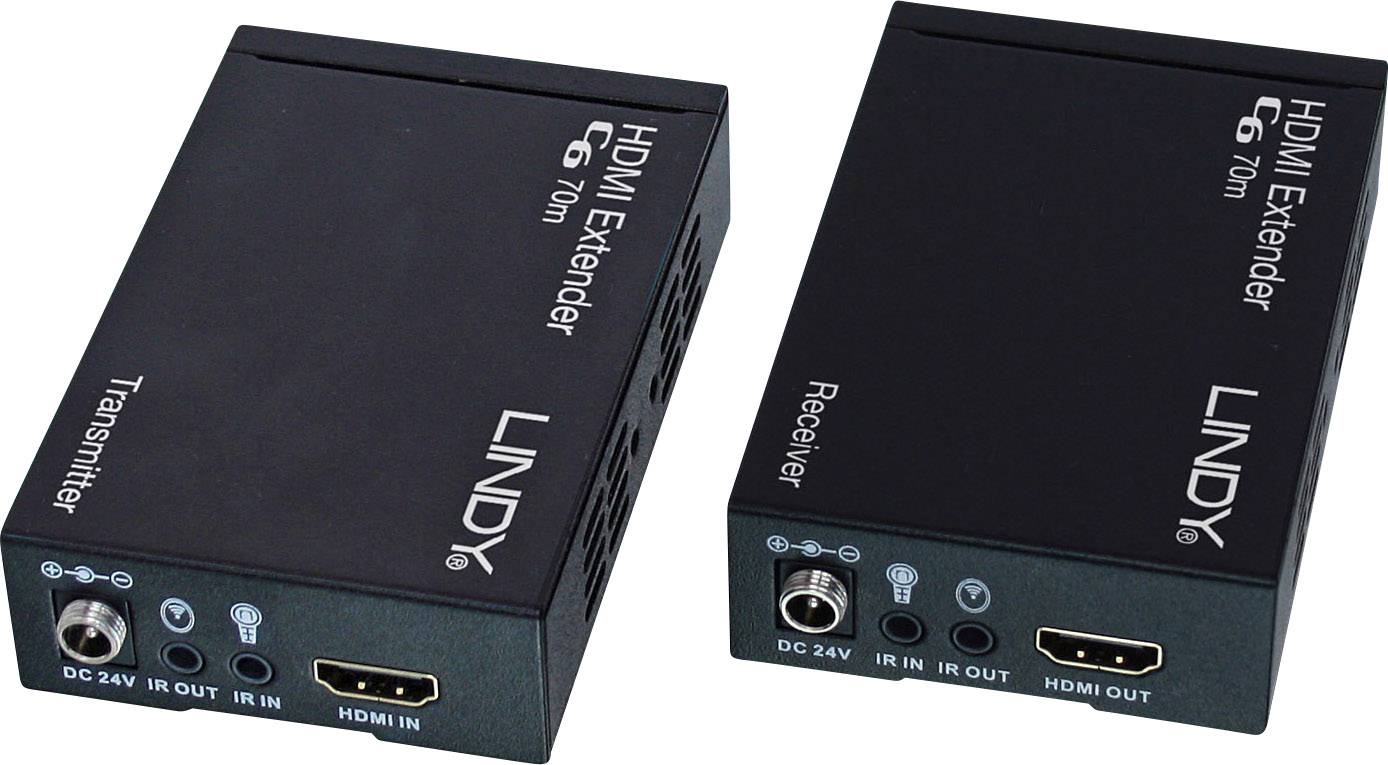 En HDMI Extender bestående af en transmitter og en receiver fra mærket Lindy, til video- og lydoverførsel over lange afstande.