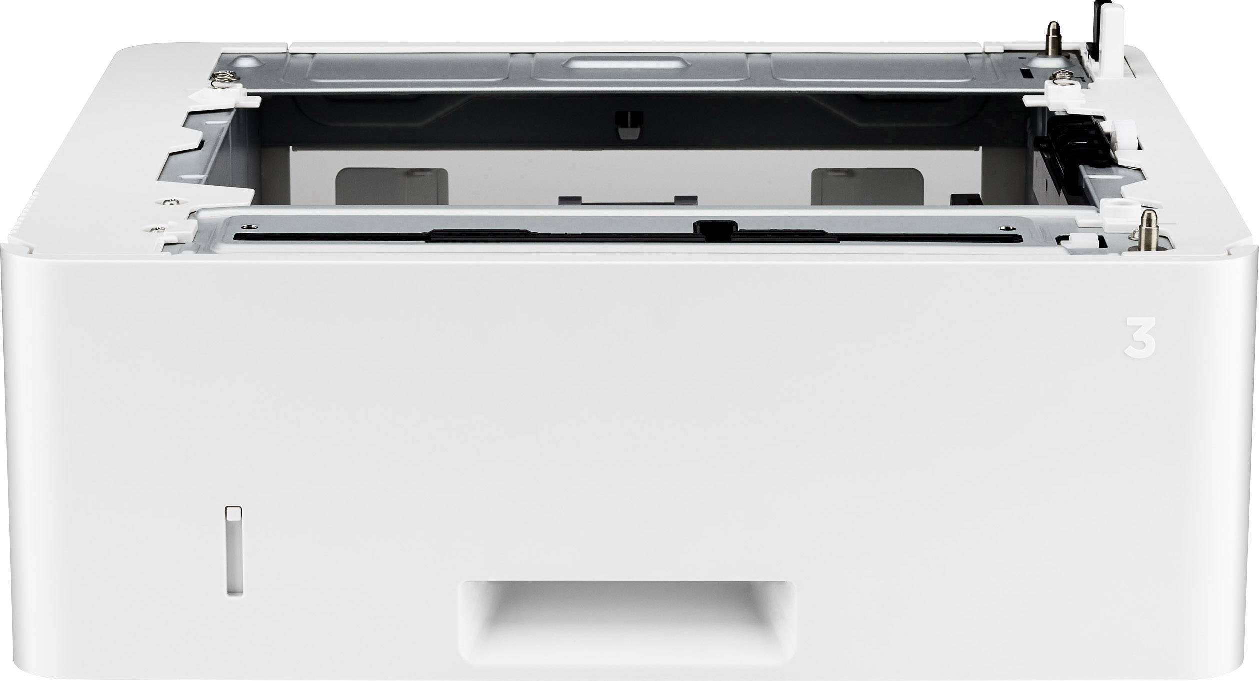 En hvid printer, afbildet forfra, uden synlige knapper eller betjeningselementer. Enkel, minimalistisk design.
