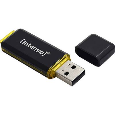 En sort USB-stik fra mærket Intenso med fjernet hætte, hvor USB-porten er synlig.