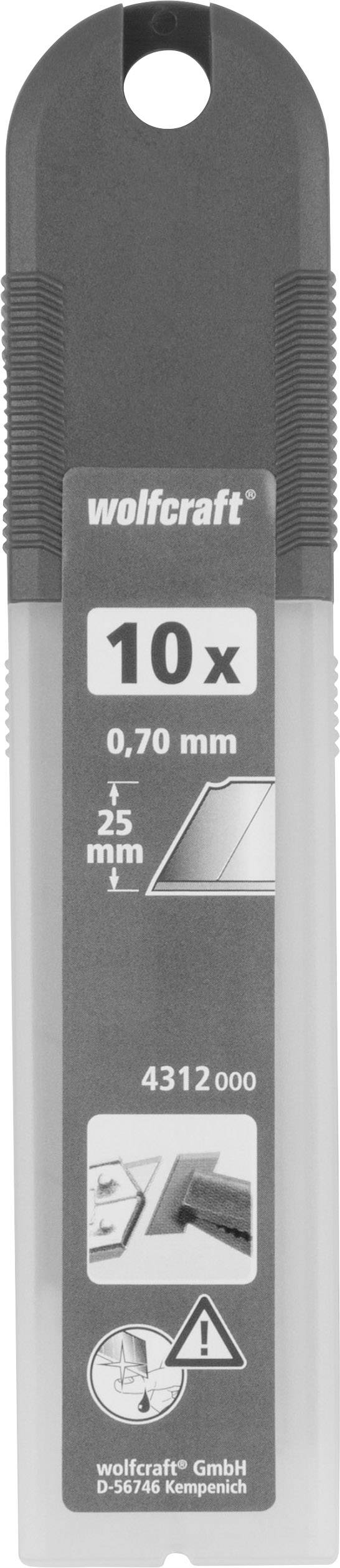 Pakke med 10 udskiftningsblade på 0,70 mm tykkelse, egnet til hobbykniv. Illustration af blade og sikkerhedsinstruktioner på etiketten.