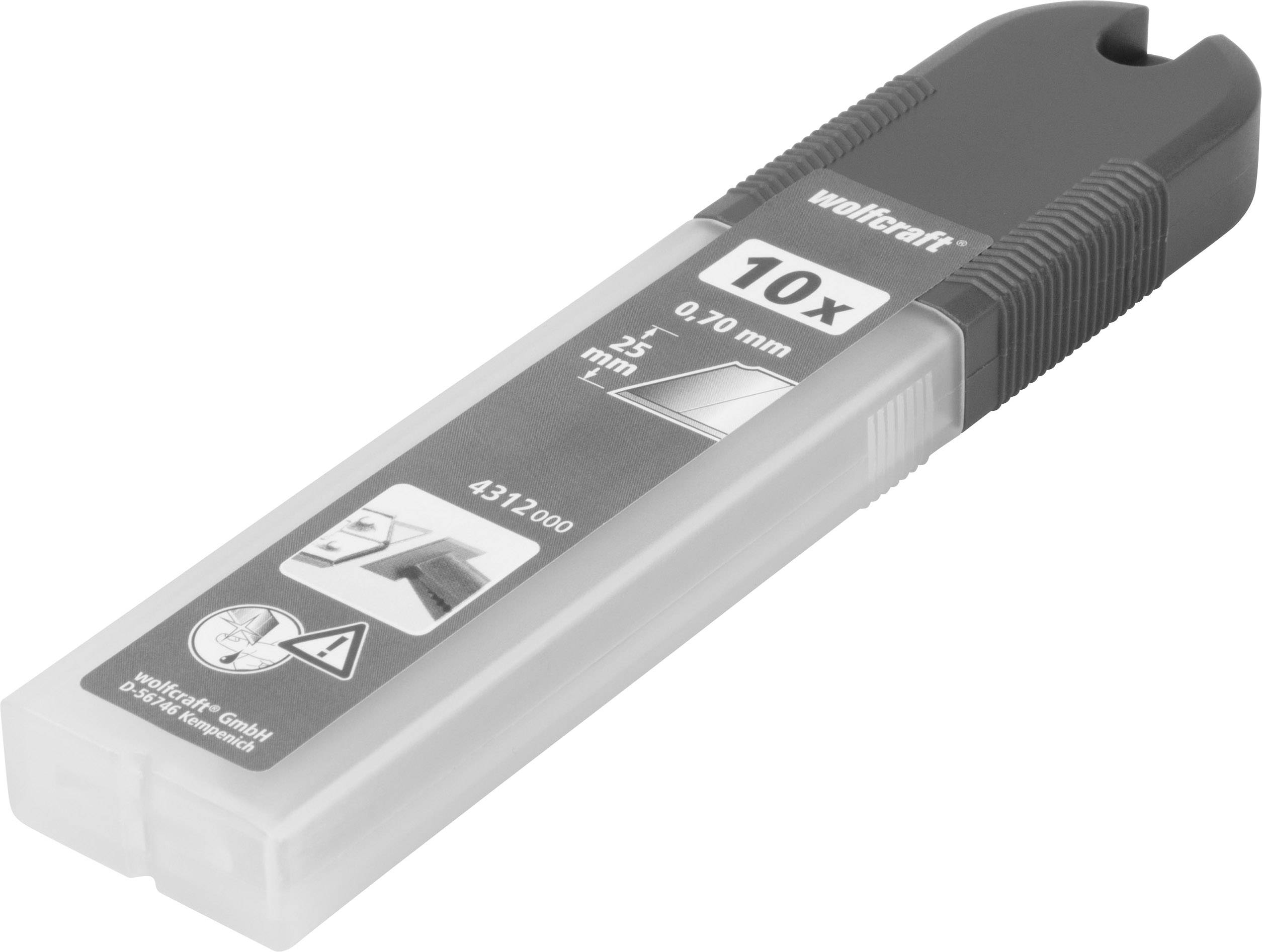 Grå etui med 10 reserveblade, 0,70 mm tykke, 25 mm brede. Emballage med advarselssymboler og produktdetaljer.