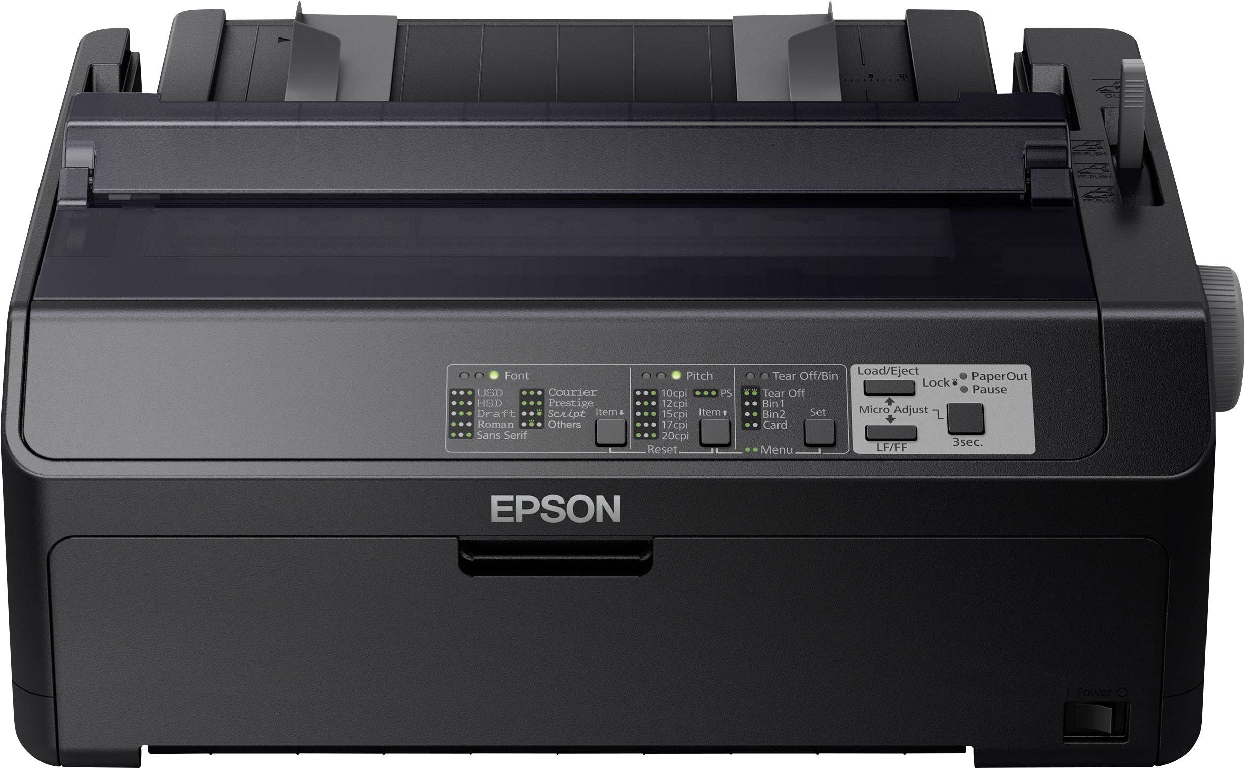 En sort Epson-printer med betjeningselementer foran og papirindføring øverst; velegnet til brug på kontoret.