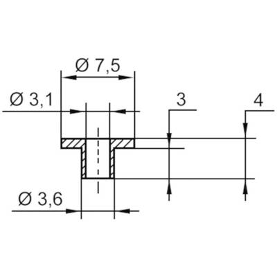 Teknisk tegning af en mekanisk komponent med tre dimensionsangivelser: Ydre diameter 7,5 mm, hulsdiameter 3,1 mm, højde 3,6 mm.