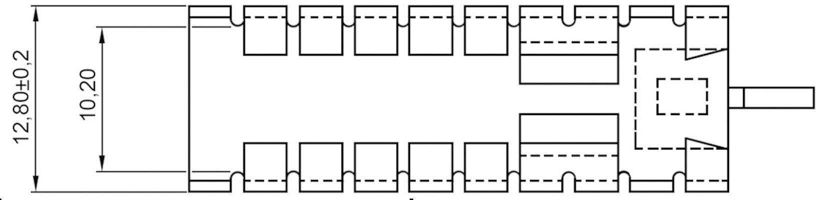 Tegning af et 14-benet IC-hus med dimensioner: 12,80 mm længde, 10,20 mm bredde. Rektangulær form med ben på begge sider.