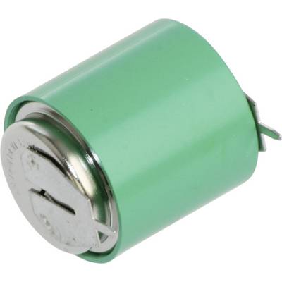 Et grønt cylinderformet batteri med to metalforbindelser i den ene ende, placeret på en hvid baggrund.