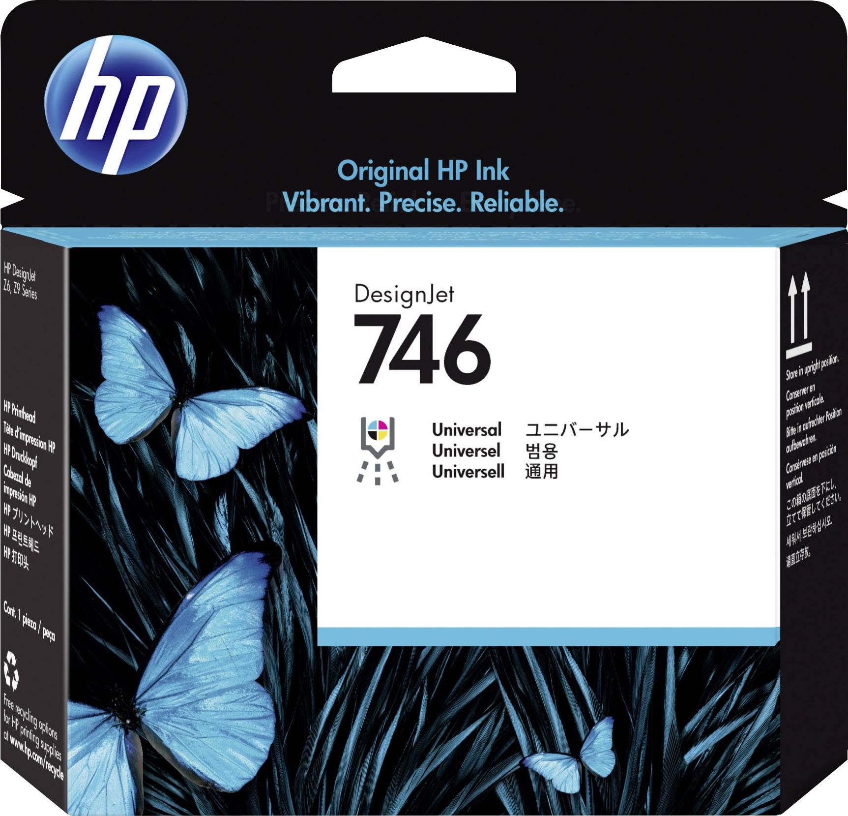 En emballage til HP DesignJet 746 blæk, Universal, med blå sommerfugle på sort baggrund.