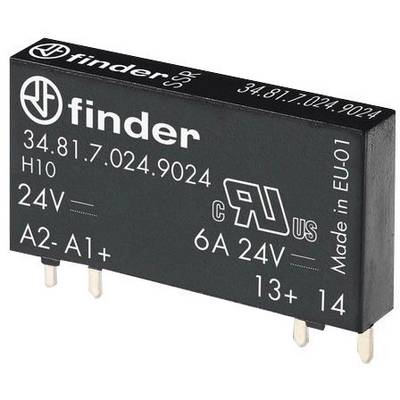 Elektronisk relæ med påskriften 'finder 34.81.7.024.9024, 24V, 6A'. Fire ben nederst, Fremstillet i EU-01.
