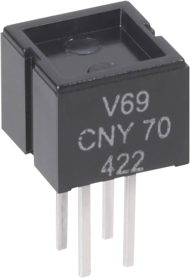 Sort optoelektronisk sensor med påskriften 'V69 CNY 70 422', har fire metalstik i bunden.