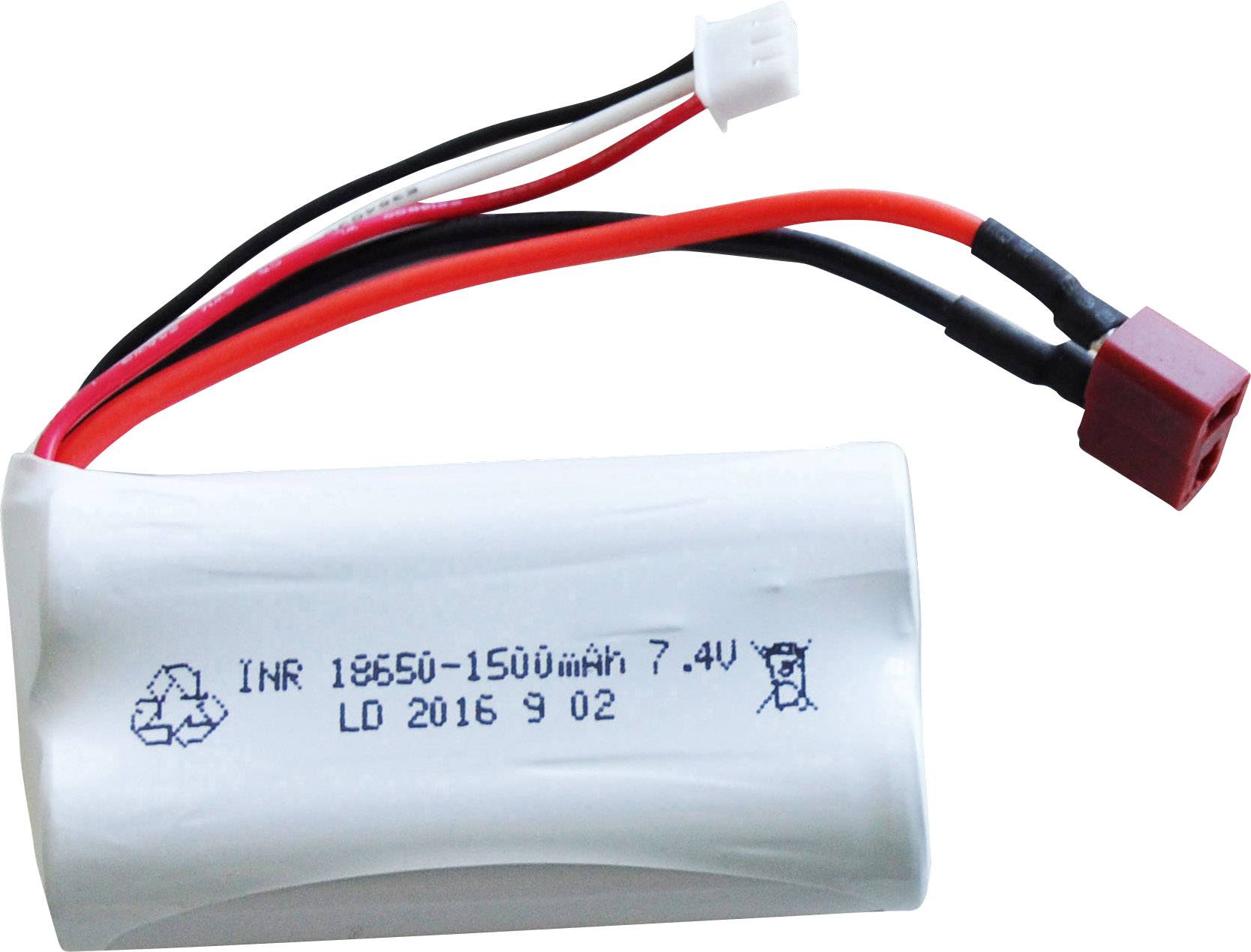 Et hvidt lithium-ion-batteri med påtrykte tekster 'INR 18650 1500mAh 7.4V'. To røde og et sort kabel stikker ud.