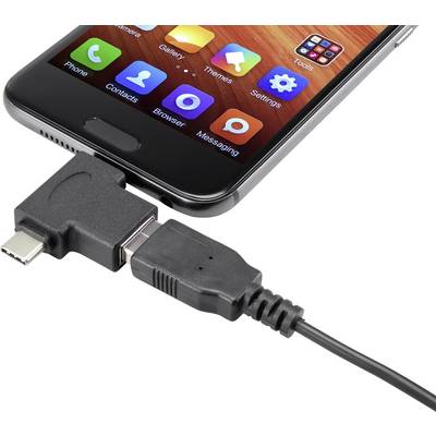Billedet viser en smartphone, der er forbundet til et USB-C-kabel via en adapter. Touchskærmen viser app-symboler.