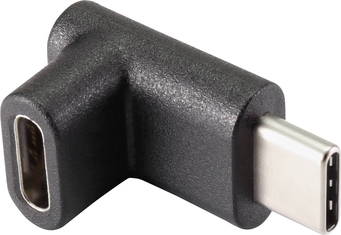 En sort USB-C-adapter med en USB-C-stik og en USB-C-port monteret i en vinkel, beregnet til vinkelforbindelser.