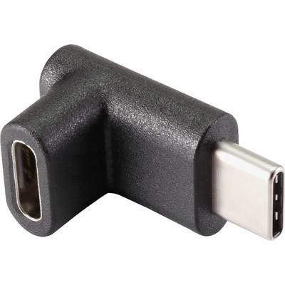 En sort USB-C-adapter med en USB-C-stik og en USB-C-port monteret i en vinkel, beregnet til vinkelforbindelser.