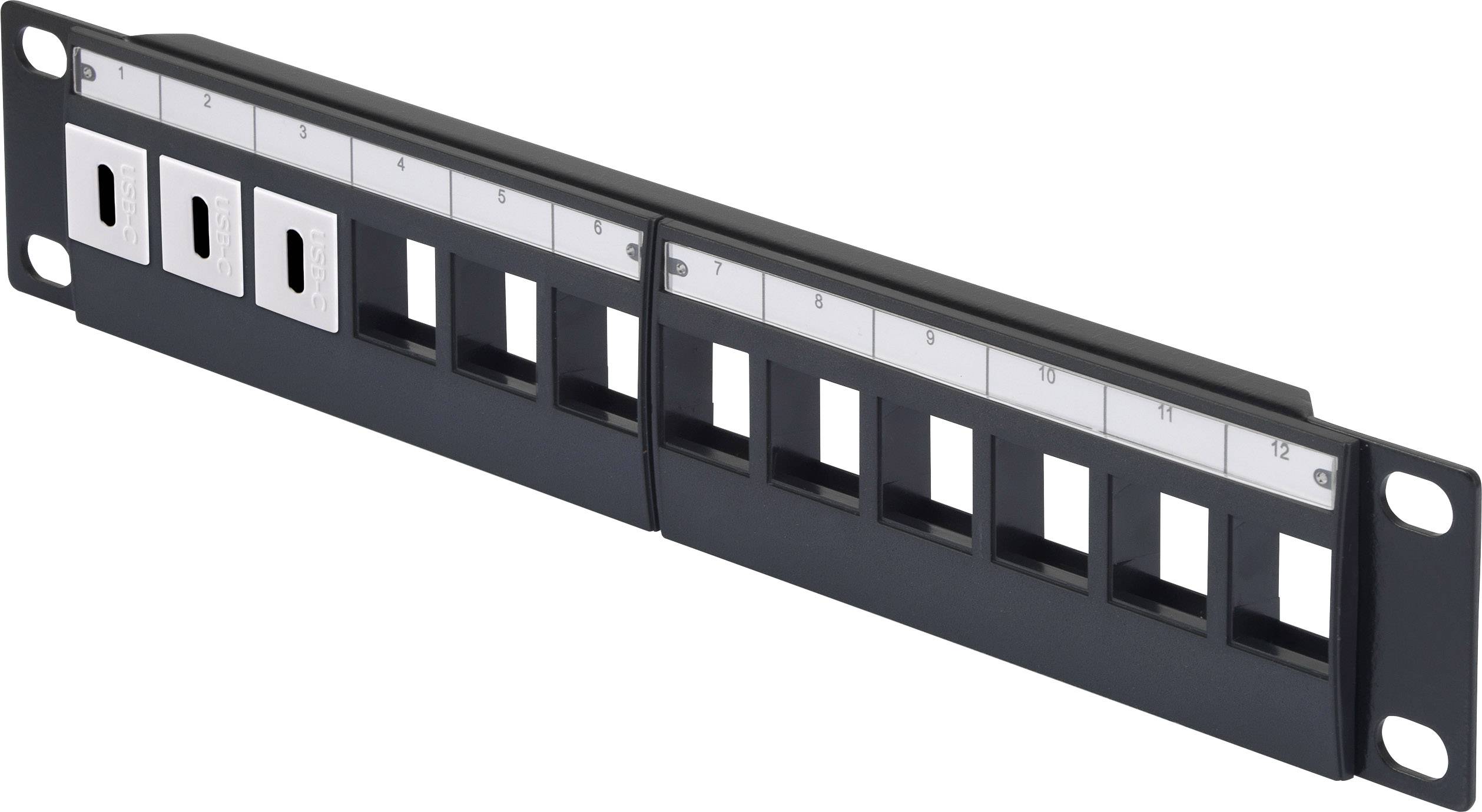 Patchpanel med 12 tomme stikpladser, nummereret fra 1 til 12, anvendt til organisering og styring af netværkskabler i rack.
