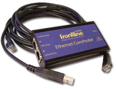En Ethernet ComProbe fra Frontline med flere kabler og tilslutninger til netværksovervågning og -analyse.