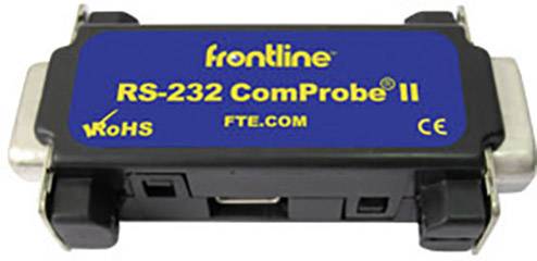 Adapter med blå mærkning 'frontline RS-232 ComProbe II'. Indeholder certificeringer som RoHS og CE.