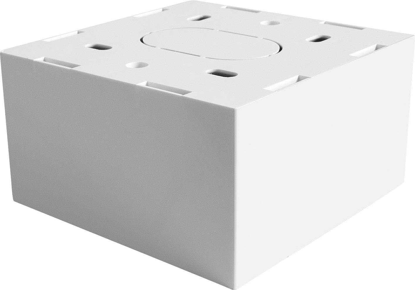 Hvid firkantet lofttilslutningsboks med flere kabelåbninger, ideel til installation af elektriske ledninger.