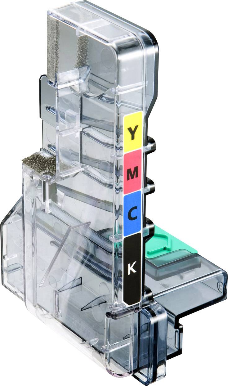 Transparent blækpatron med fire rum i farverne gul, magenta, cyan og sort, til brug i en blækprinter.