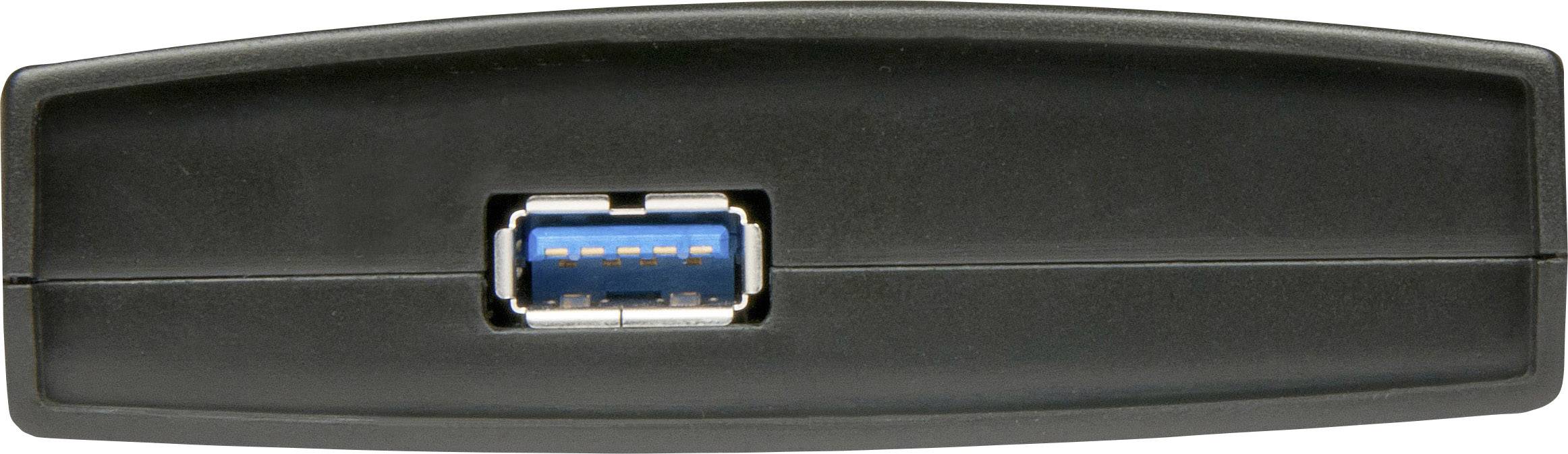 Sort elektronisk enhed med en blå USB-port i midten.