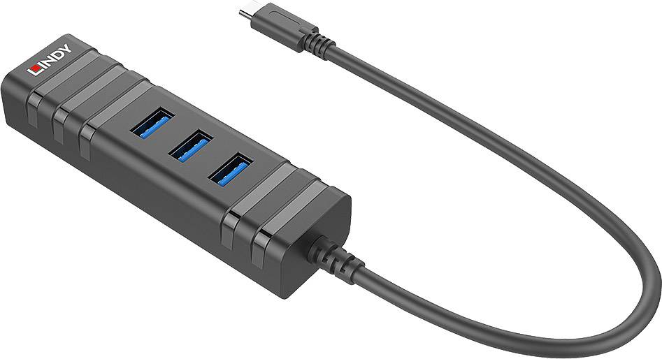 LINDY 43249 USB-hub 3 porte USB-A, RJ45 USB 3.1 Gen1 5 GBit/s med indbygget strømtilslutning Sort LINDY USB 3.1 Hub und GB Ethernet Adapt.