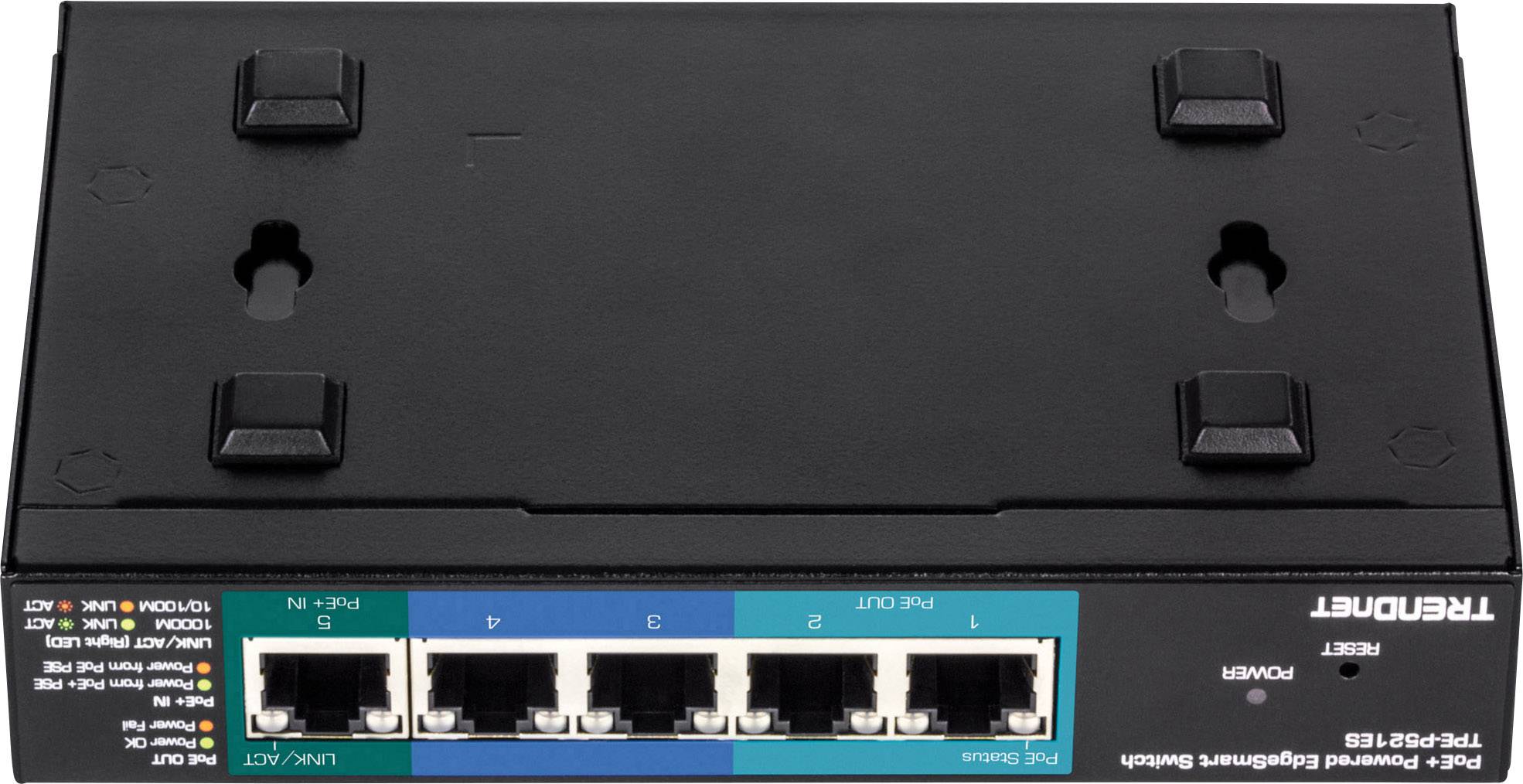 Netværksswitch med fem Ethernet-porte, monteret på en vægbeslag, egnet til at forbinde flere netværksenheder.