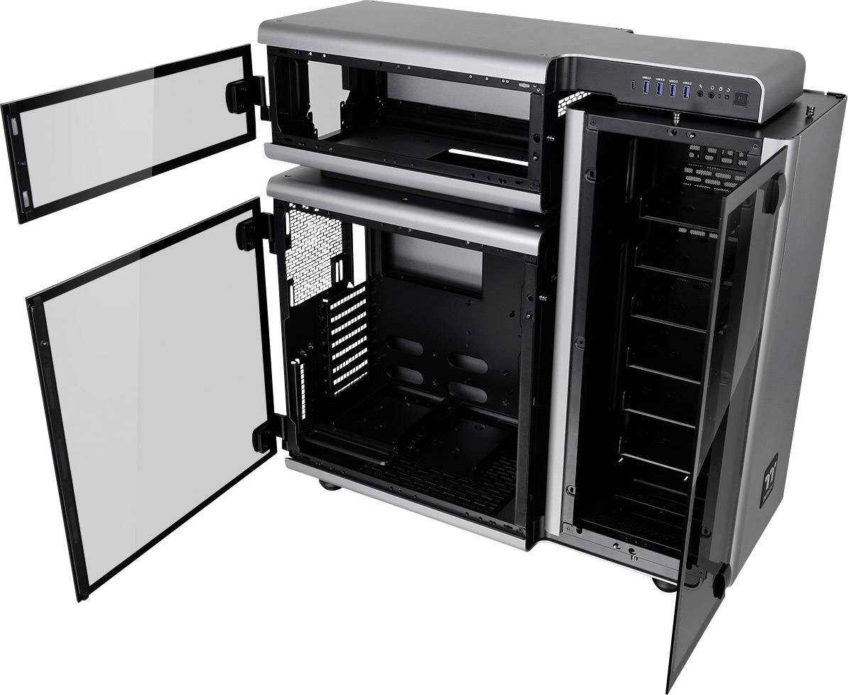 Åbent metalcomputerhus med flere tomme drevpladser og åbne døre, velegnet til individuelle PC-bygninger.