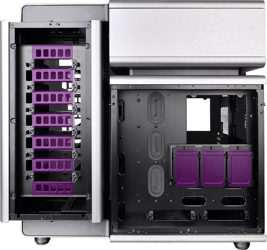 Computerkabinet med åbent indre, viser pladser til harddiske og udvidelseskort. Til venstre er flere violette harddiskbåse.