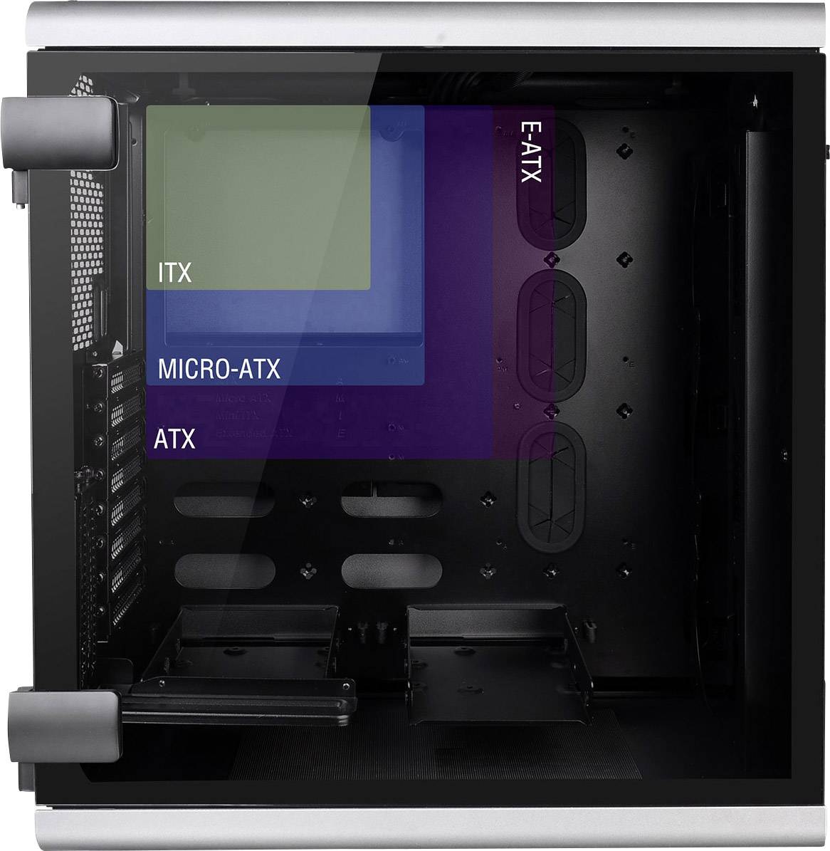 Indvendig visning af et computerkabinet med mærkninger for bundkortsstørrelser: 'ITX', 'Micro-ATX', 'ATX', 'E-ATX'.