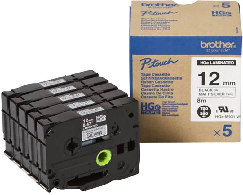 'Brother P-touch HGe lamineret labelbånd', 5-pakke, 12 mm bredde, sort på sølv, kompatibel med HGe-printere.