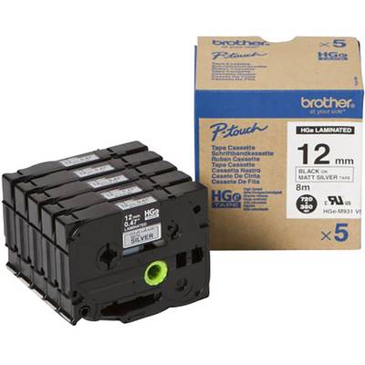 'Brother P-touch HGe lamineret labelbånd', 5-pakke, 12 mm bredde, sort på sølv, kompatibel med HGe-printere.