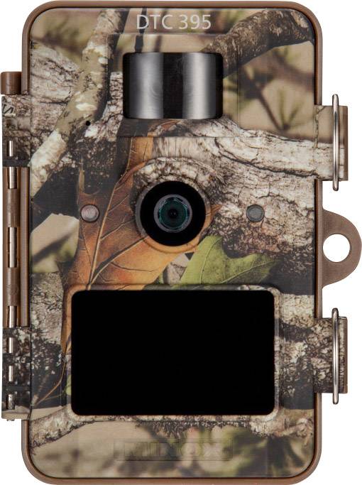 Vildtkamera med camouflage-mønster, linse og sensor i midten. Design tilpasset diskret observation i naturen.