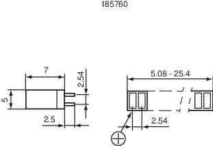 Teknisk tegning af en stik med dimensioner: 7 mm længde, 5 mm højde, 2,5 mm bredde. Afstand mellem ben 2,54 mm.