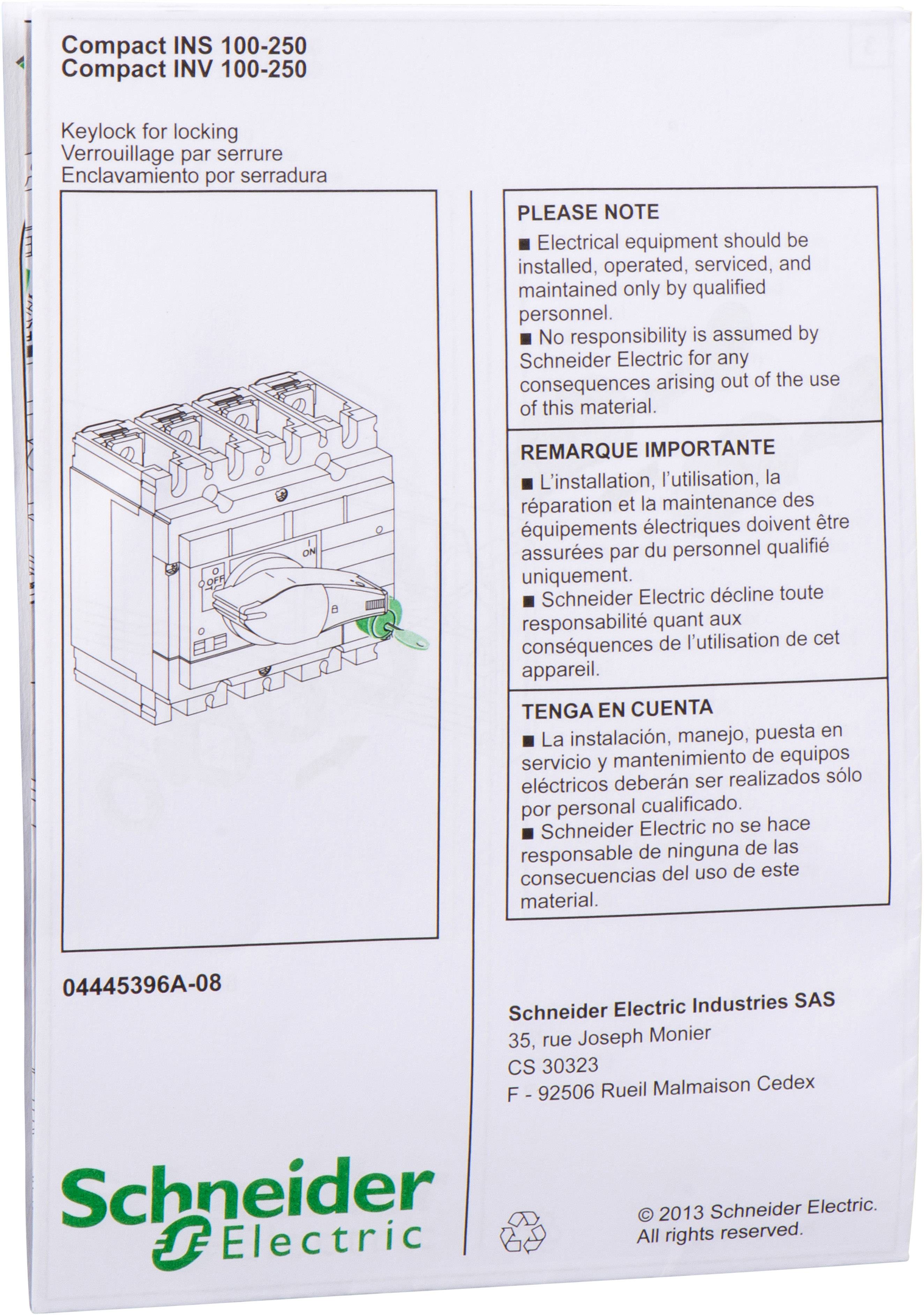 Elektrisk enhed i karton med vigtige sikkerhedsinstruktioner på flere sprog. Producent: Schneider Electric.