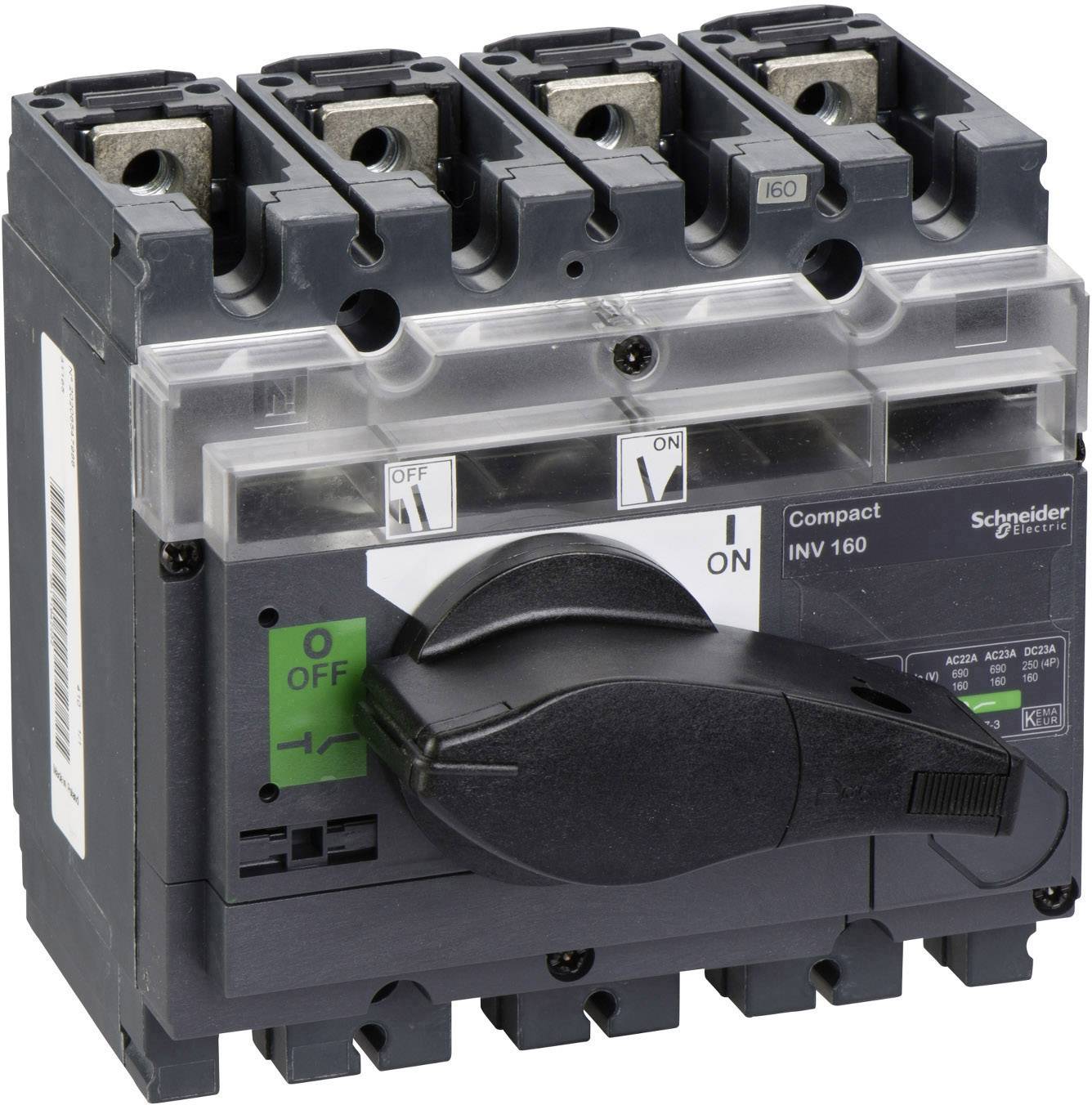 En trepolet effektafbryder fra Schneider Electric, model 'Compact INV 160', viser skiftepositionerne 'I ON' og 'O OFF'.