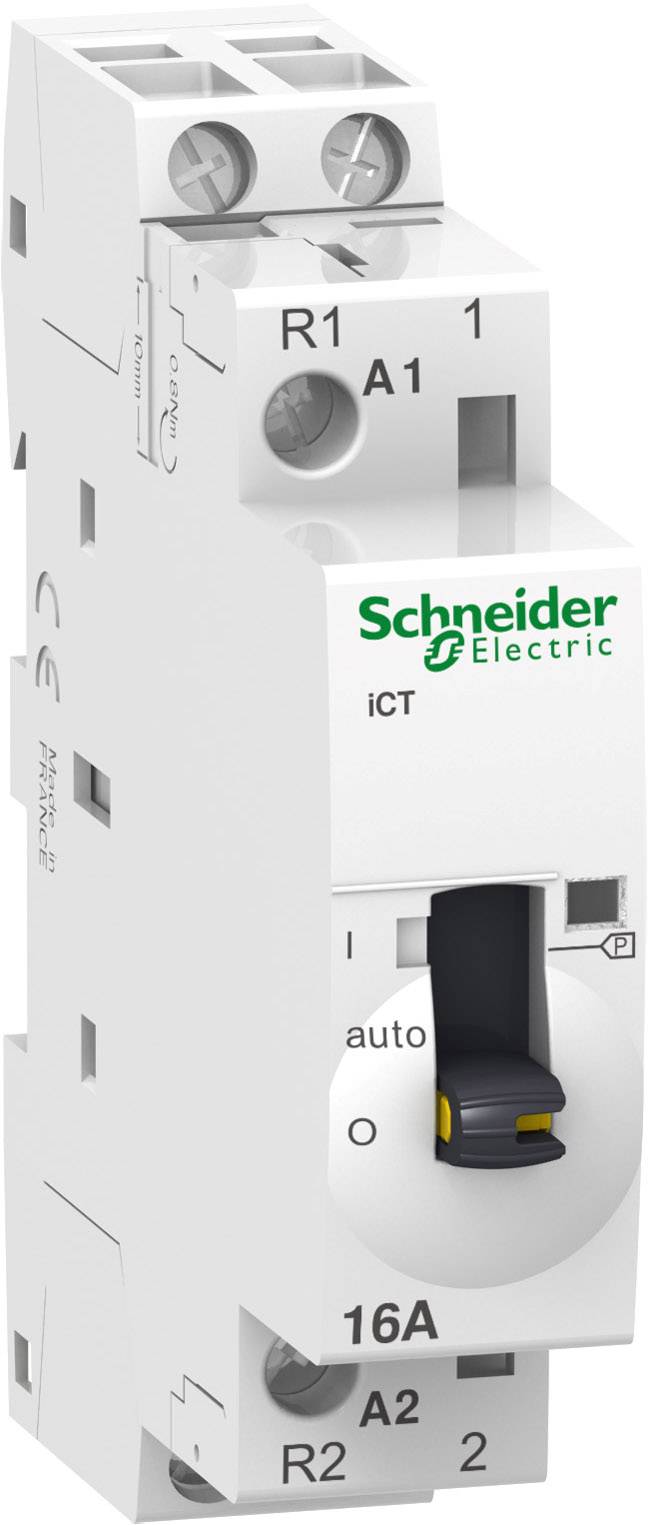 Elektro-mekanisk kontakt fra Schneider Electric, model iCT med 16A. Hvidt kabinet og en sort kontakt til manuel betjening.