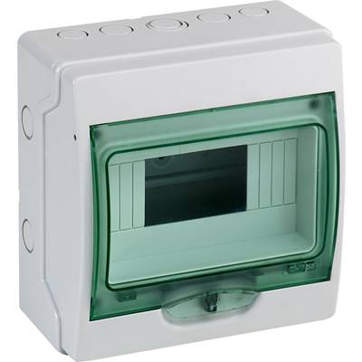 En hvid plastikfordelerboks med transparent grøn låg, egnet til elektriske installationer og kabelføring.