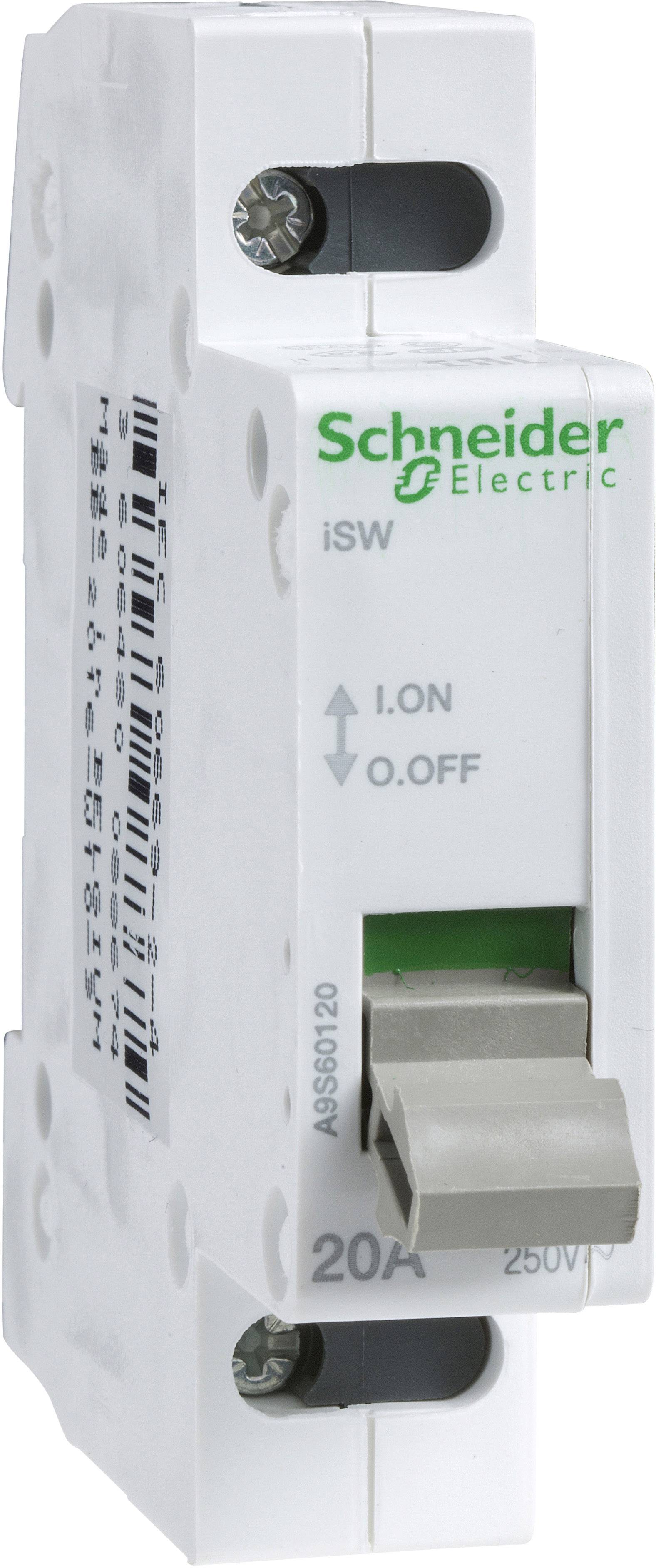 En hvid effektafbryder fra Schneider Electric med grønt logo. Afbryderen er i 'OFF'-position og har en kapacitet på 20A, 250V.