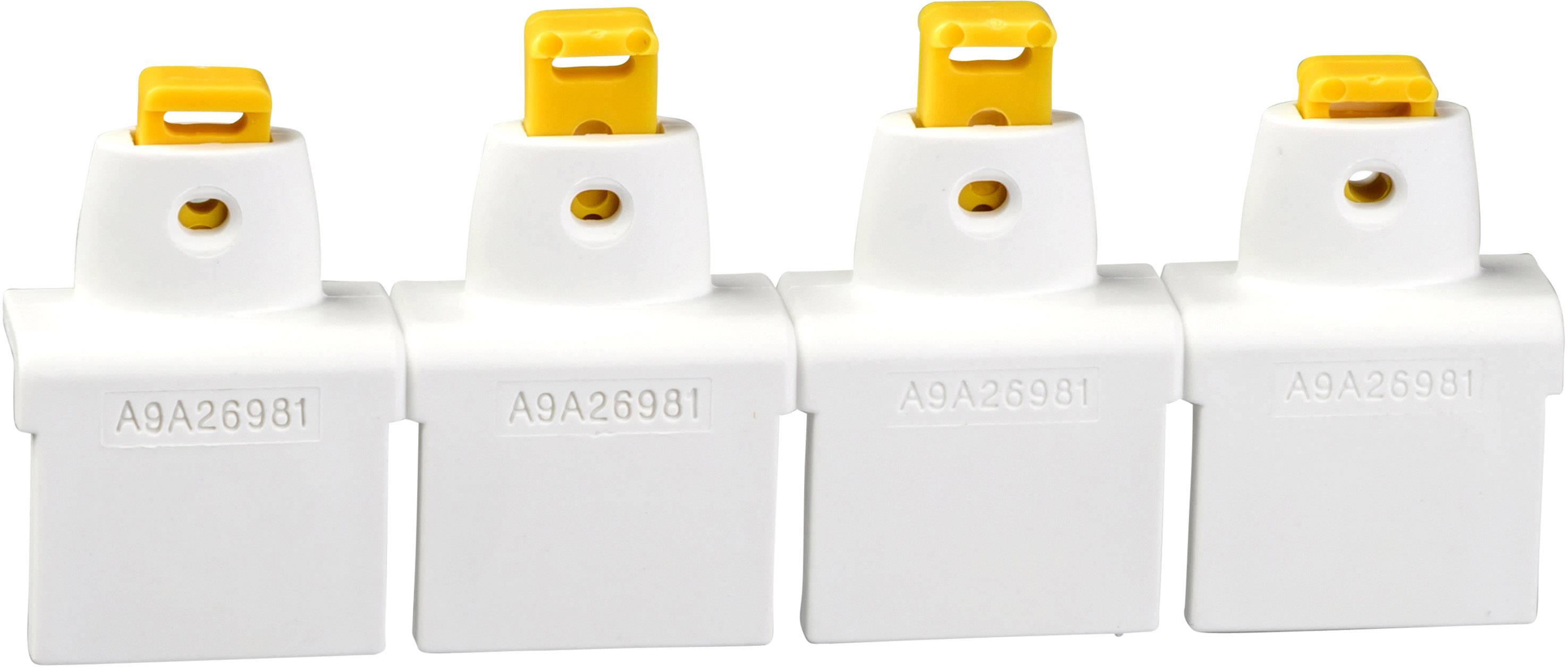 Fire hvide stikforbindere med gule clips i en række. Teksten 'A9A26981' er synlig på hver enkelt. De er anbragt identisk.