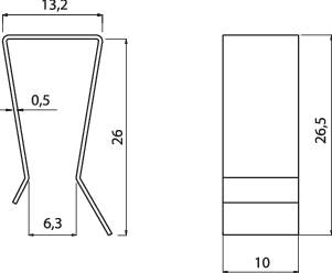 Teknisk tegning af en U-formet metalgenstand med følgende mål: Bredde 13,2 cm, højde 26 cm, bundbredde 6,3 cm, vægtykkelse 0,5 cm. Sidefremstilling viser højde 26,5 cm, bredde 10 cm.