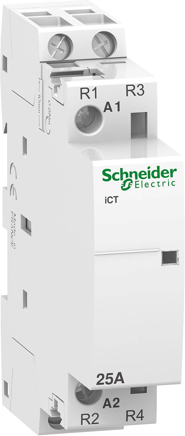 Relæ fra Schneider Electric, model iCT, viser tilslutninger R1, R2, R3 samt A1, A2, til elektriske installationer.