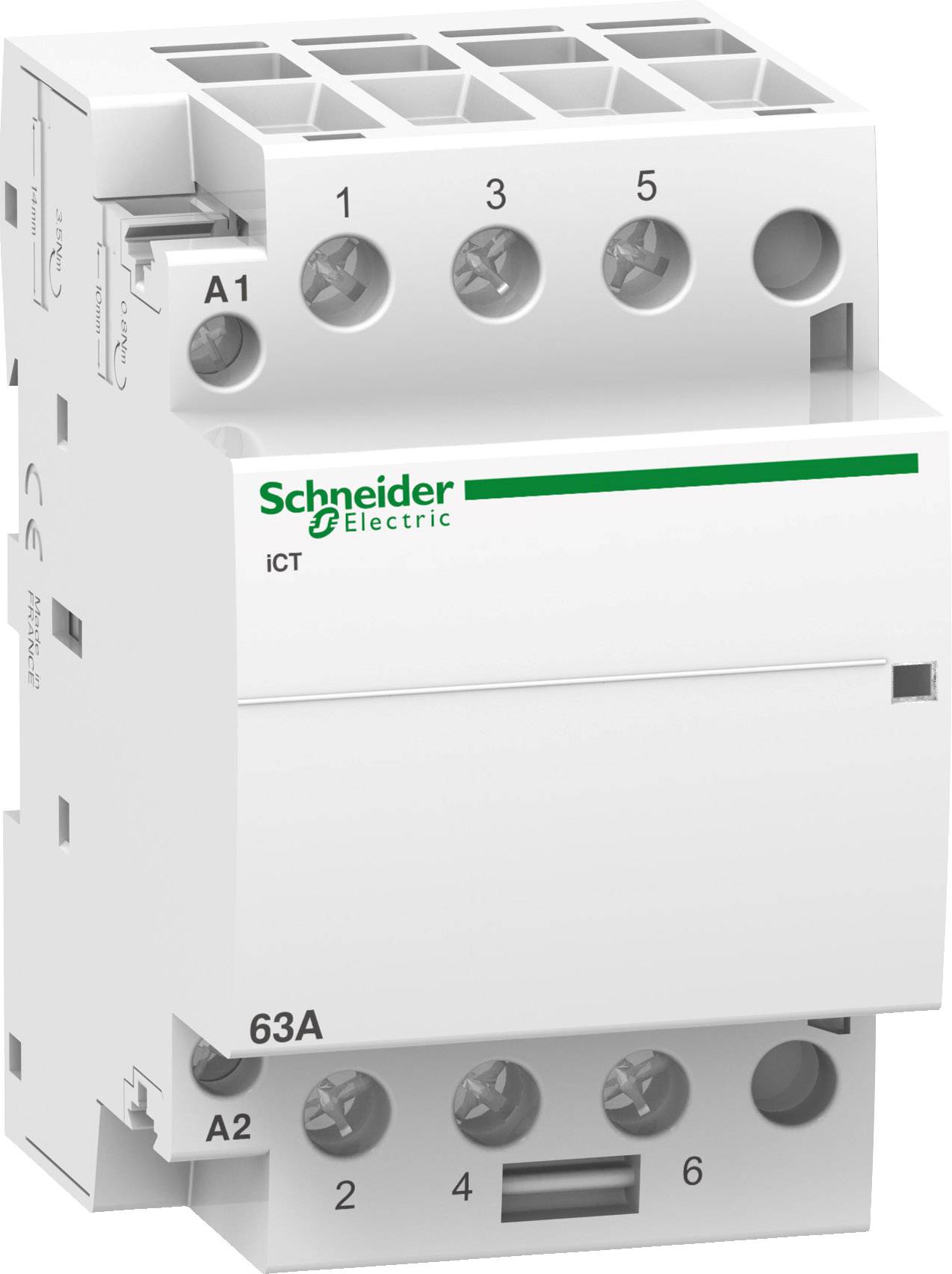 En hvid effektafbryder fra Schneider Electric med flere skrueterminaler og mærkninger, øverst A1 og nederst A2.