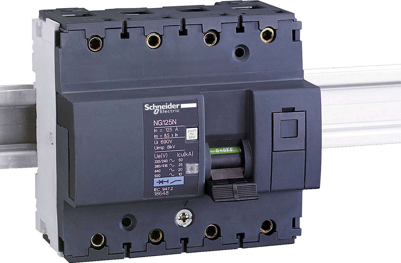 En sort effektafbryder fra Schneider Electric, model NG125N, monteret på en DIN-skinne. Den er dimensioneret til 125 A.