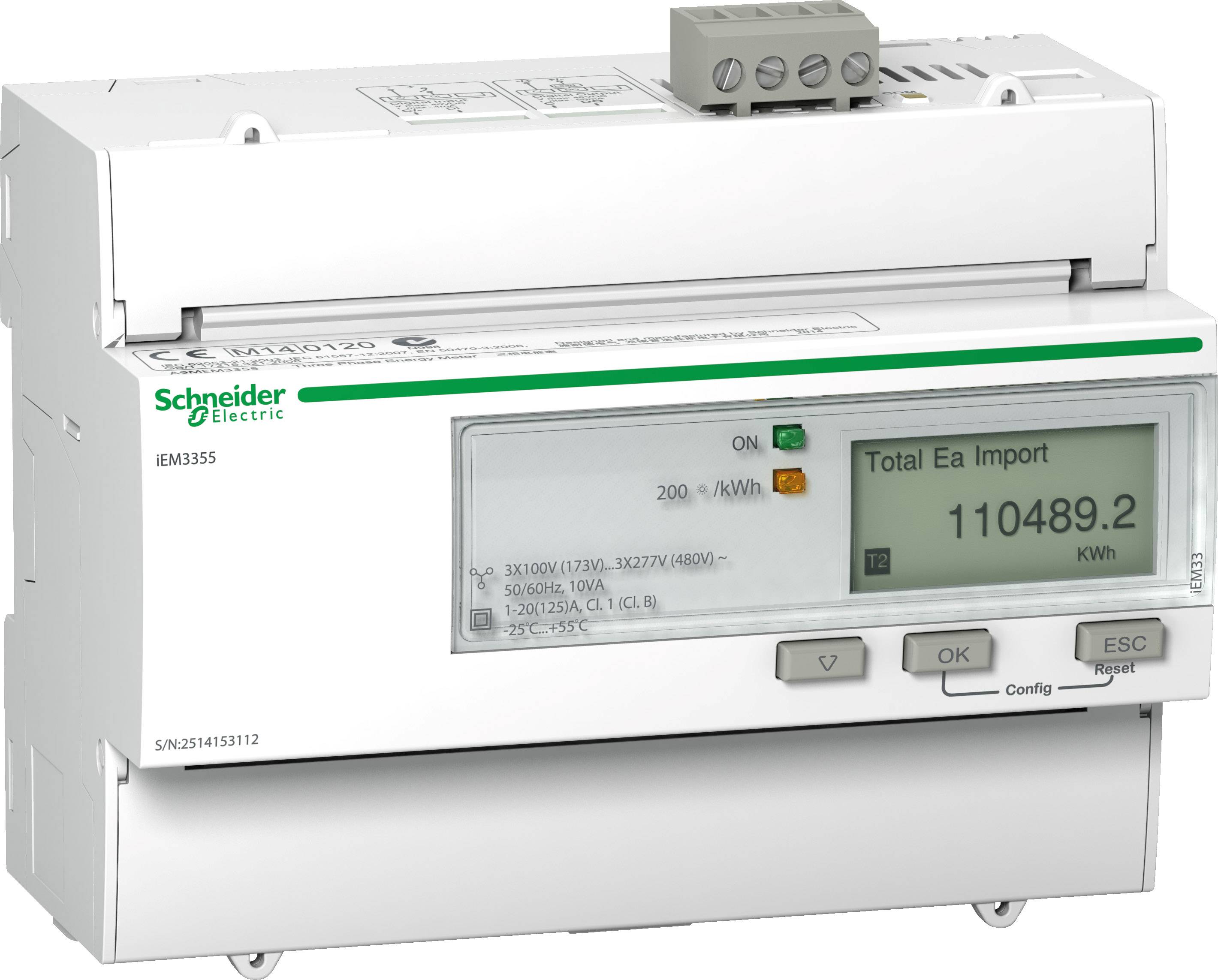 En elmåler fra Schneider Electric med visning af 'Total Ea Import 110489,2 kWh'. Skærmen viser energiforbruget.