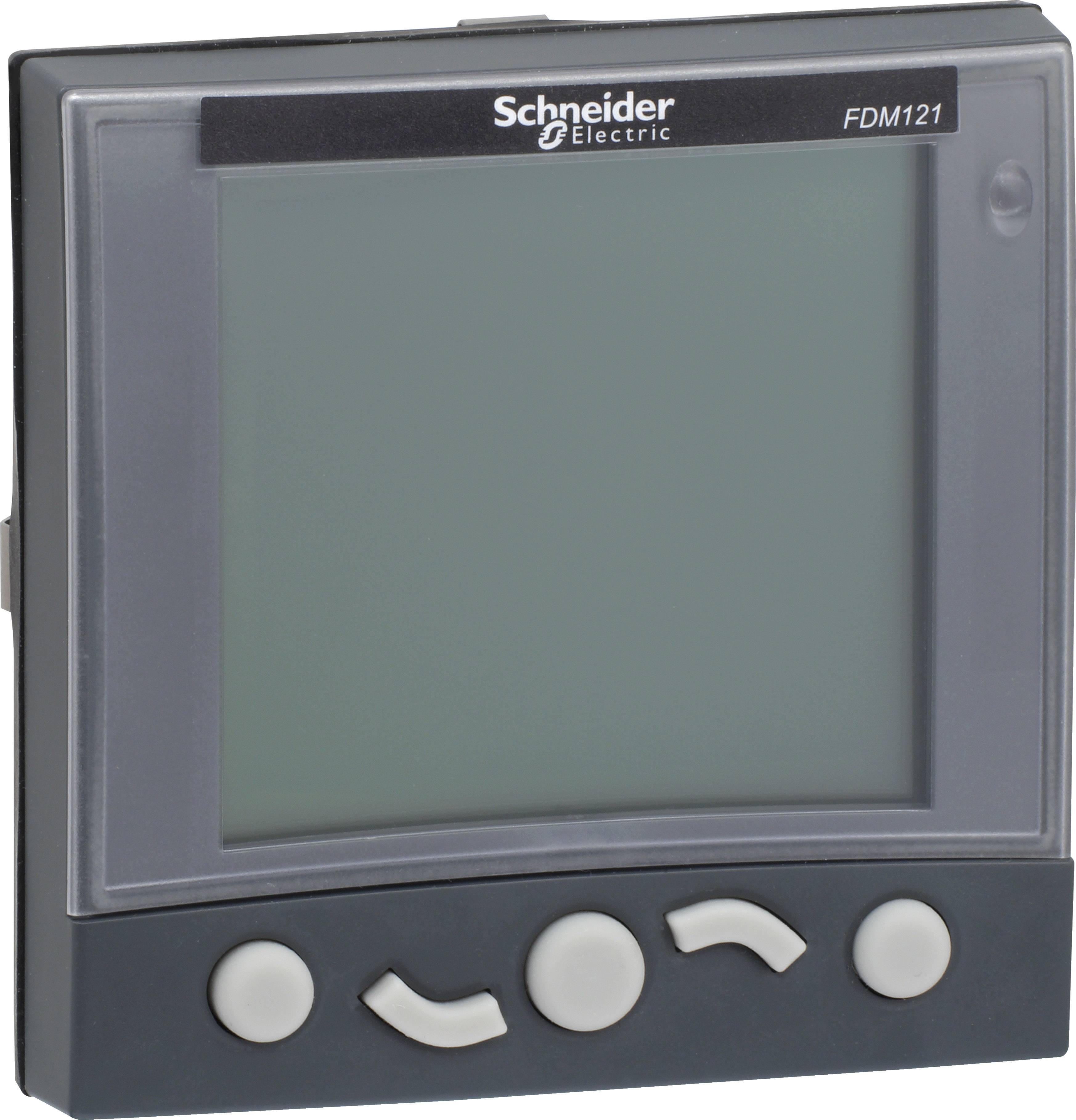 Grå digital skærmenhed med 'Schneider Electric' logo, model FDM121, rektangulær form, nedre del med taster.