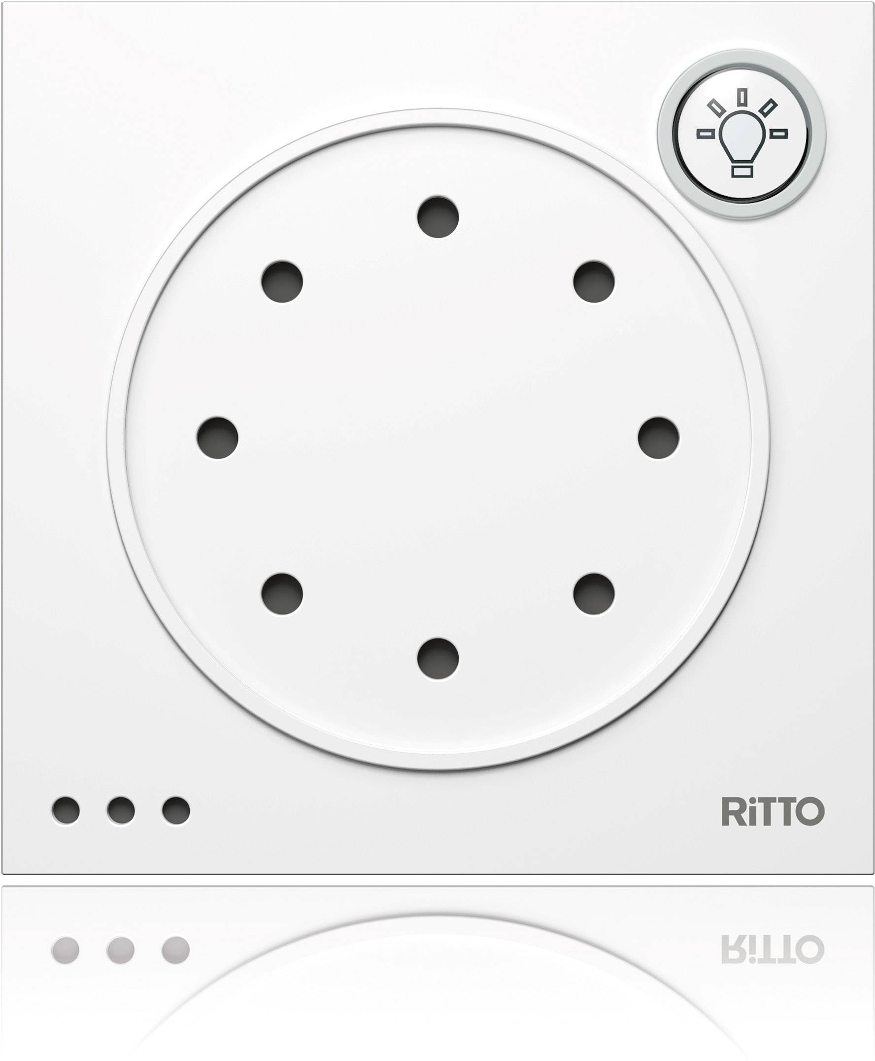 En rund, hvid lyskontakt fra Ritto med 8 små huller og en pæreangivelse øverst til højre.