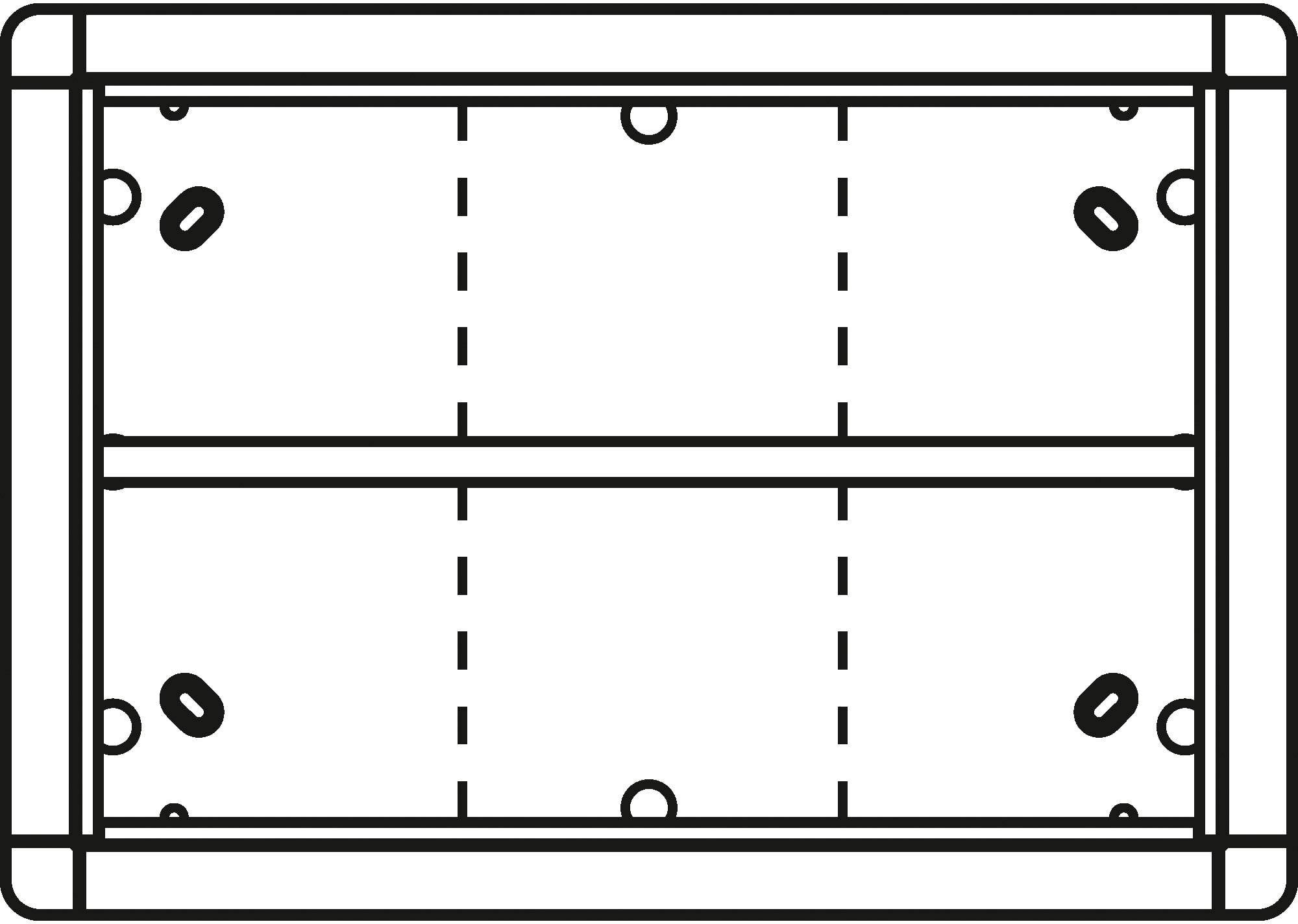 Grundrids af et bordfodboldsfelt med spillerfigurpositioner og linjer til markering af banens opdeling.